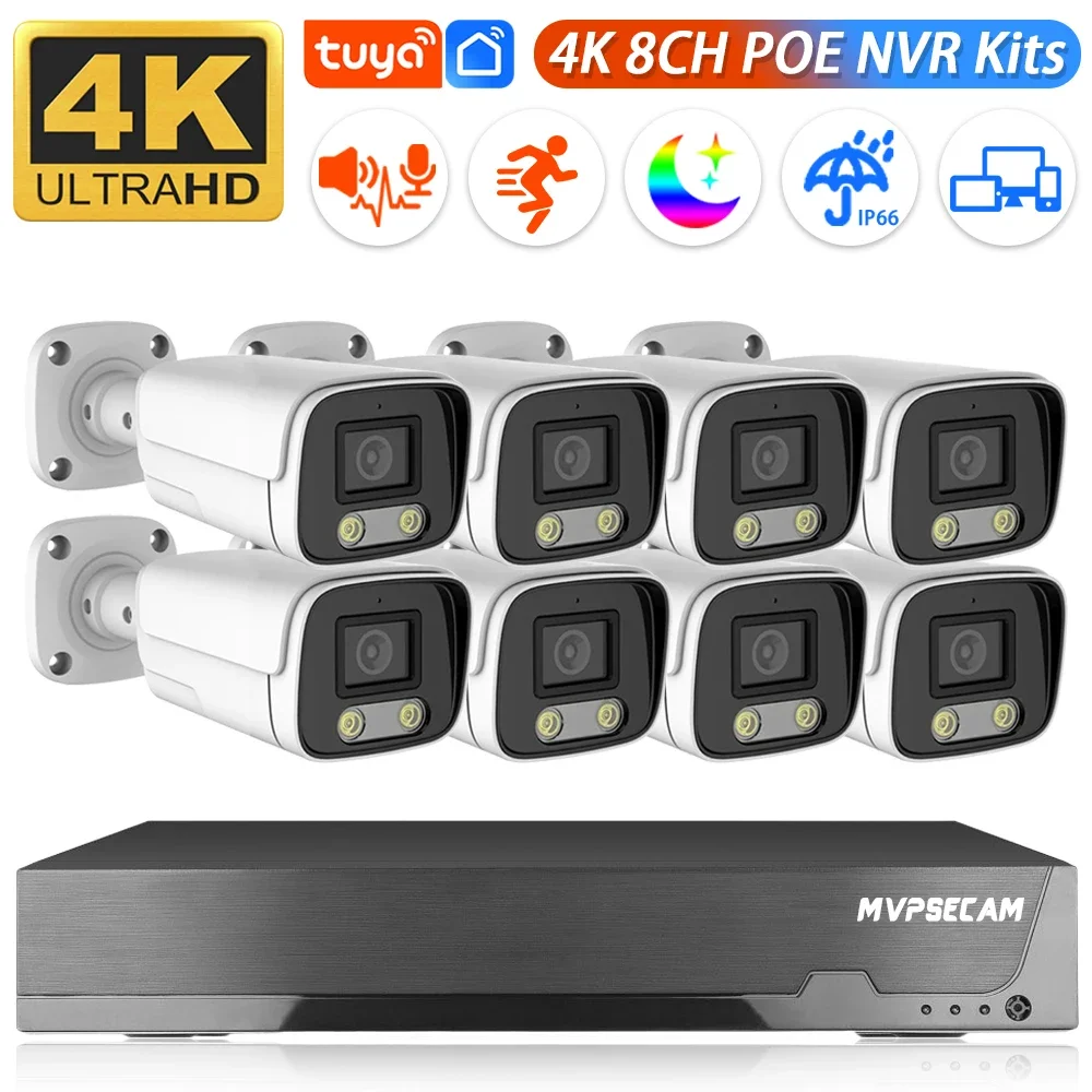 Tuya app 8CH 4K 8MP POE Security Camera System Two Way Audio 8MP NVR Kit CCTV Outdoor IP Camera H.265 P2P Video Surveillance Set