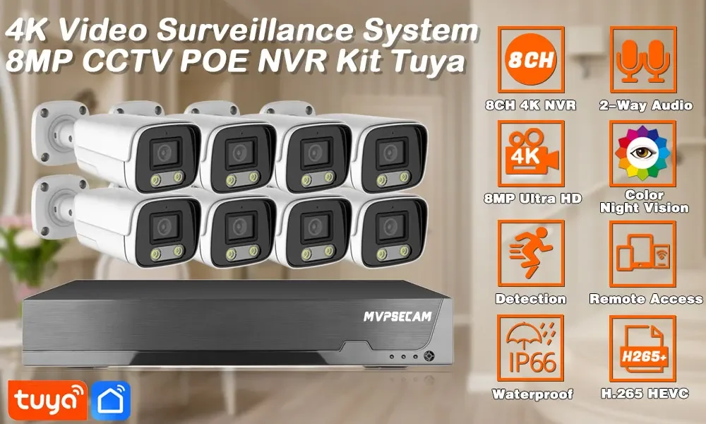 Tuya app 8CH 4K 8MP POE Security Camera System Two Way Audio 8MP NVR Kit CCTV Outdoor IP Camera H.265 P2P Video Surveillance Set