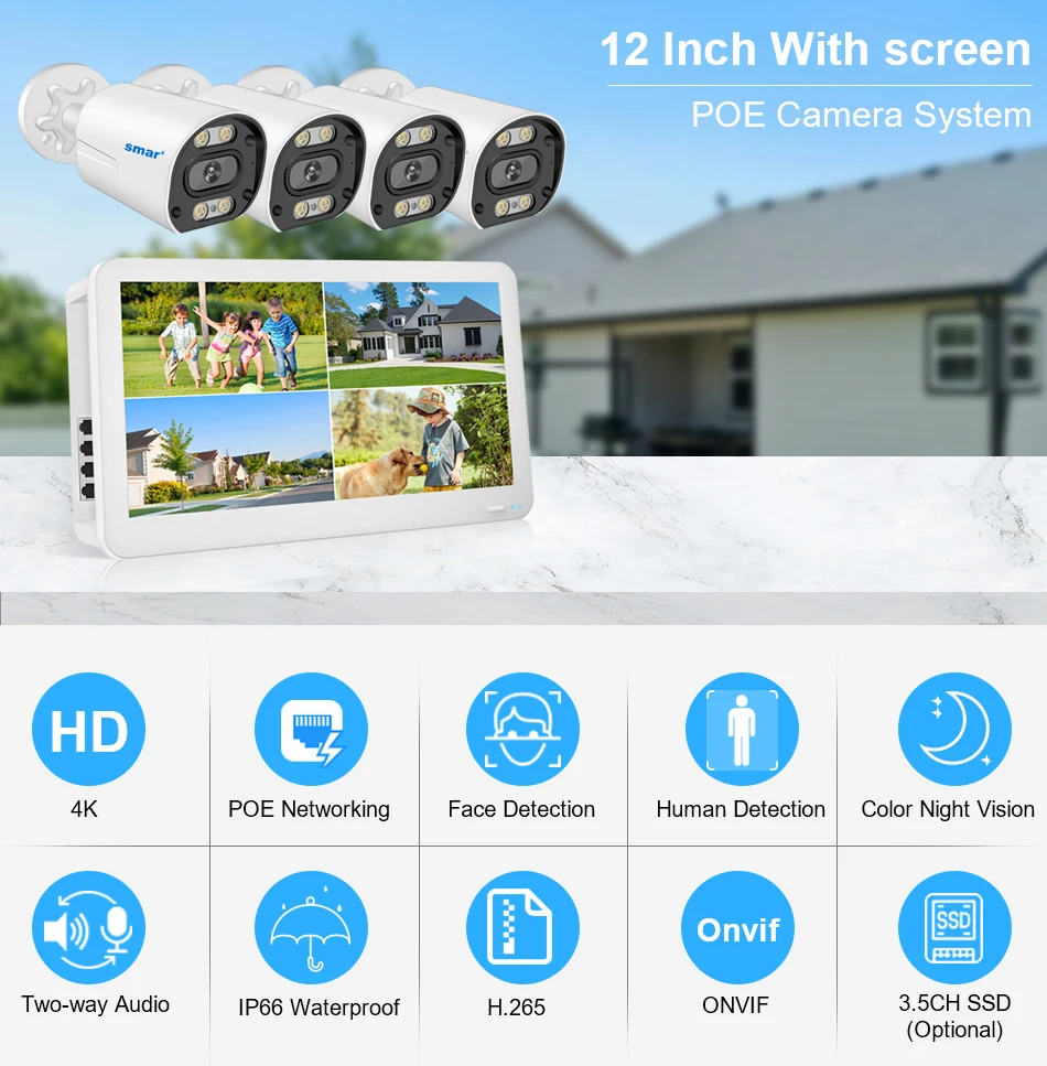 Smar 8CH POE NVR Set with 12 Inch LCD Monitor 4K 8MP 4MP POE Camera System Outdoor Ai Face Detection Audio Video H.265 CCTV Kit