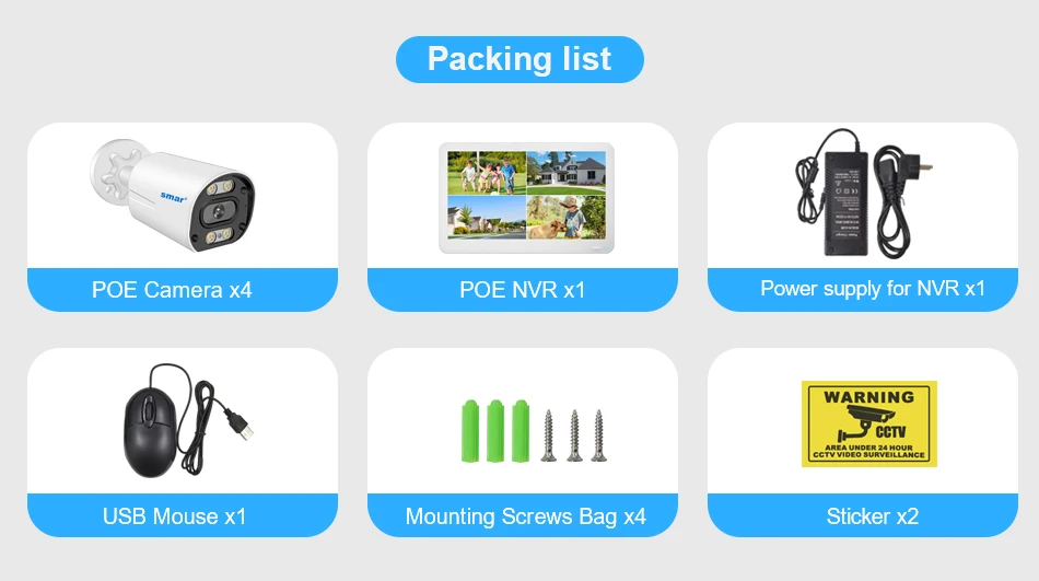 Smar 8CH POE NVR Set with 12 Inch LCD Monitor 4K 8MP 4MP POE Camera System Outdoor Ai Face Detection Audio Video H.265 CCTV Kit