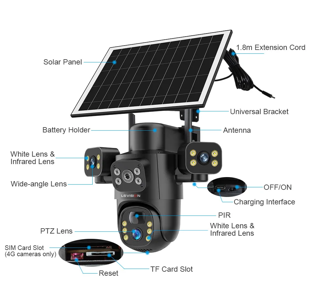 LS VISION 4G / WiFi Solar Camera 3Lenses Outdoor 15MP 4K Low Power Battery IP Camera PIR Night Vision V380 Pro CCTV Security