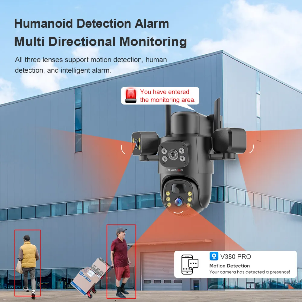 LS VISION 4G / WiFi Solar Camera 3Lenses Outdoor 15MP 4K Low Power Battery IP Camera PIR Night Vision V380 Pro CCTV Security