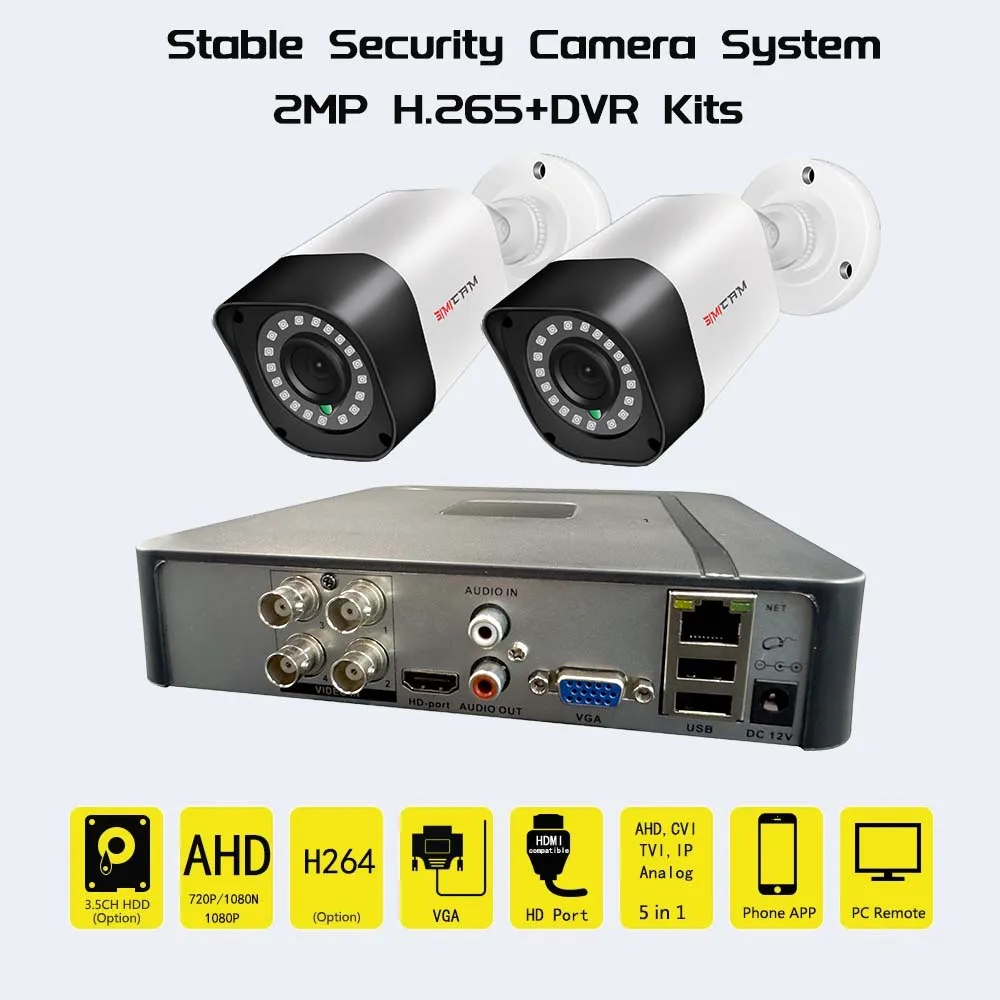 1080P 720P Security Camera System 2MP/1MP AHD Kits 4CH 5in1 DVR With 2PCS Video Surveillance Camera Waterproof Night Vision