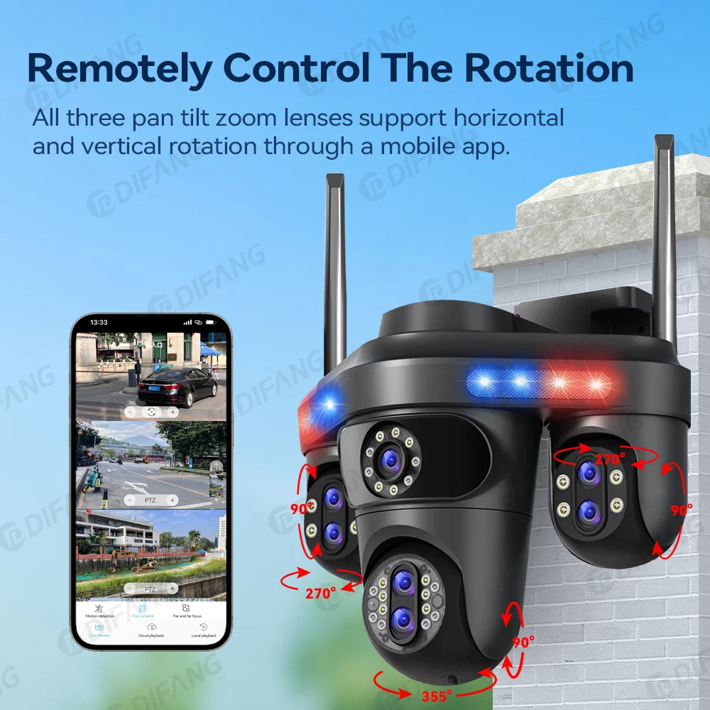 DIFANG 35MP WiFi IP Camera 4 Screens 7 Lens 10X Zoom Outdoor Wireless PTZ Security Cam Auto Tracking CCTV Surveillance Camera