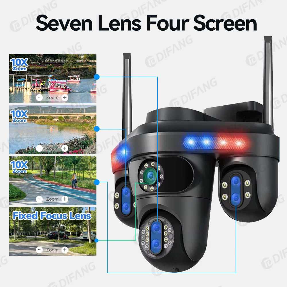 DIFANG 35MP WiFi IP Camera 4 Screens 7 Lens 10X Zoom Outdoor Wireless PTZ Security Cam Auto Tracking CCTV Surveillance Camera