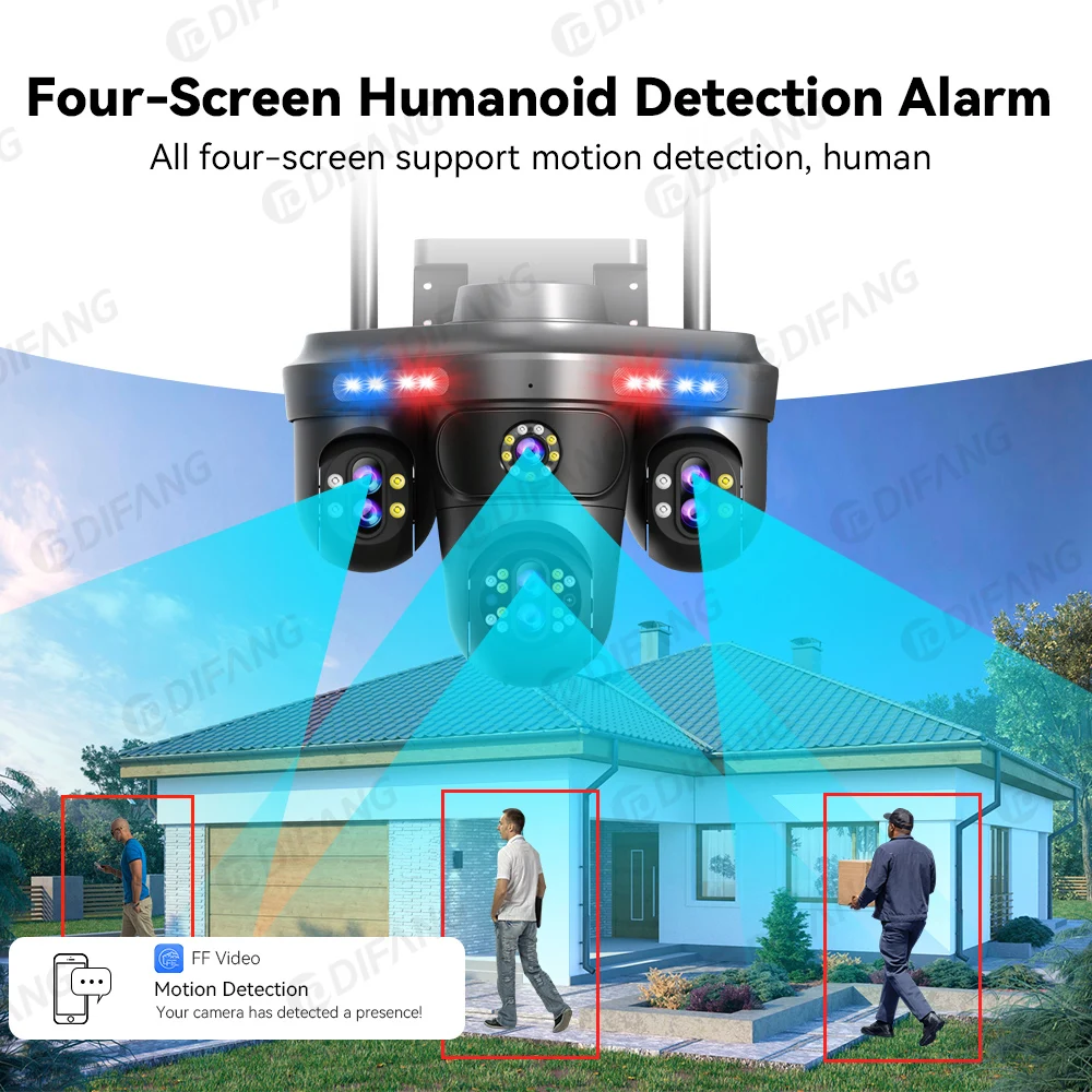 DIFANG 35MP WiFi IP Camera 4 Screens 7 Lens 10X Zoom Outdoor Wireless PTZ Security Cam Auto Tracking CCTV Surveillance Camera
