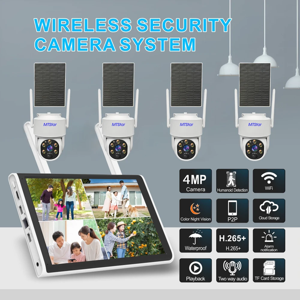 4CH/8CH 4MP Wireless WIFI NVR ＆ Solar Panel Battery PTZ Camera Outdoor Video Surveillance System  Wifi DVR  with 10 Inch Monitor