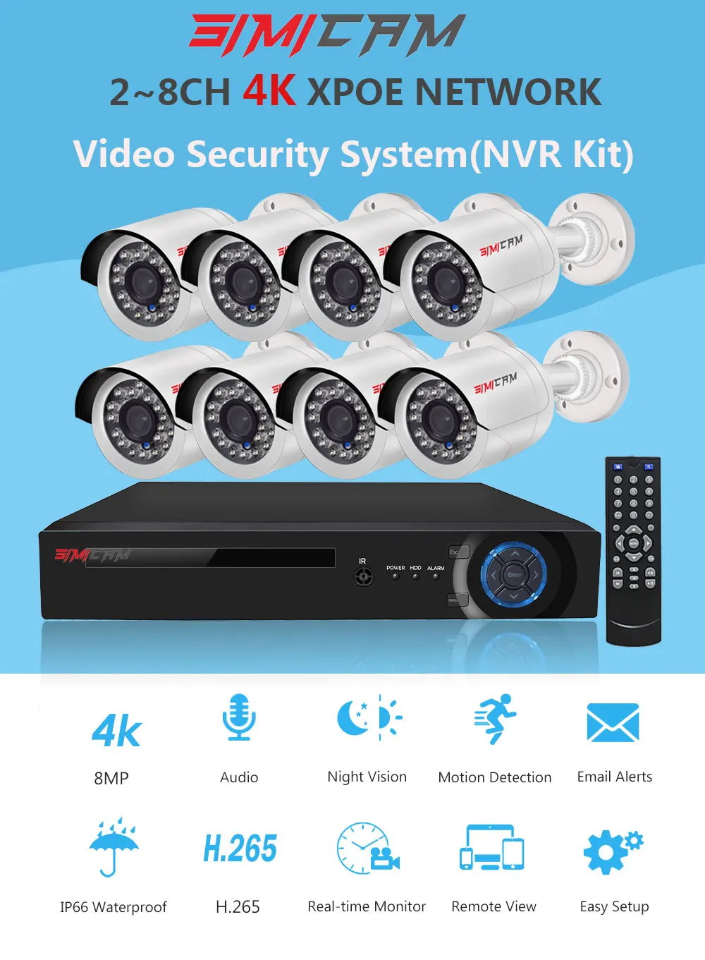 4K 8MP Ultra HD POE IP Security Camera System NVR Kit With Audio Out Door Bullet Indoor Dome Human Detection Video Surveillance