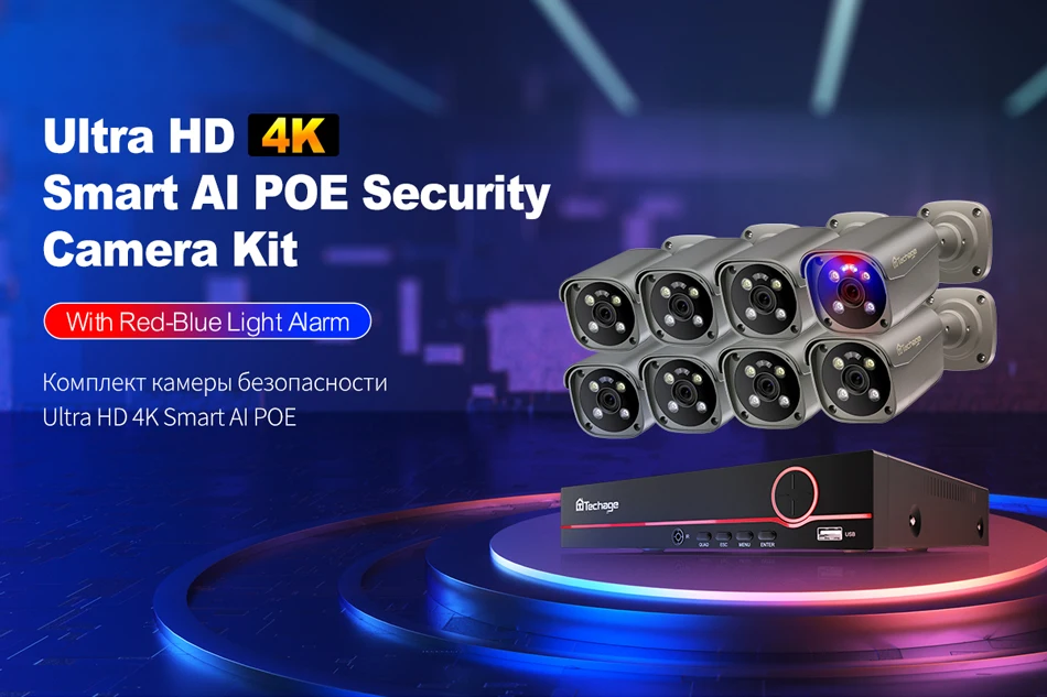 Techage 4K 8MP Surveillance Camera System H.265 8CH PoE NVR Kit Human Detection Red-bule Light Alarm P2P Video Audio CCTV Camera