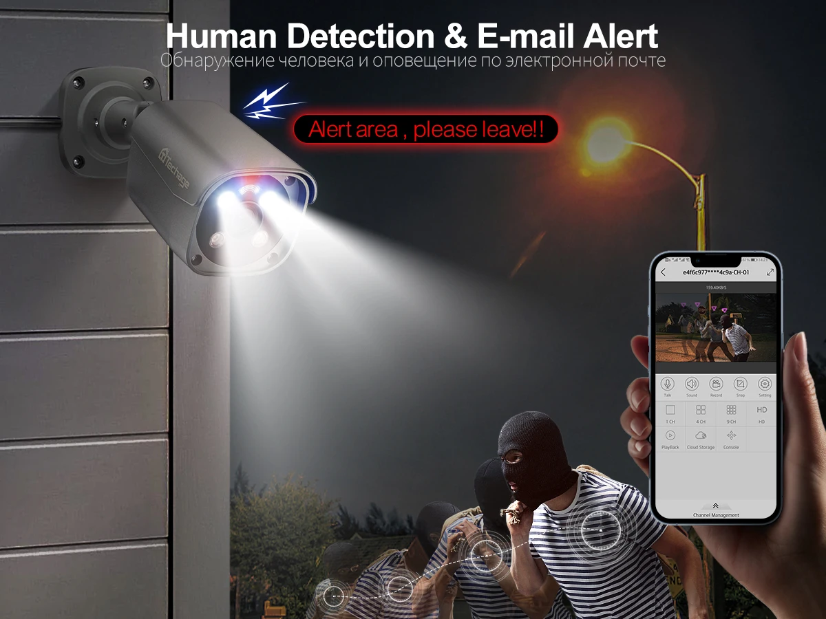 Techage 4K 8MP Surveillance Camera System H.265 8CH PoE NVR Kit Human Detection Red-bule Light Alarm P2P Video Audio CCTV Camera