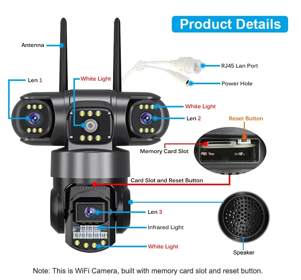 V380 WiFi Surveillance Camera-Outdoor IP Cameras 15MP Triple Lenses Security Video Monitor, Color Night Vision, Waterproof