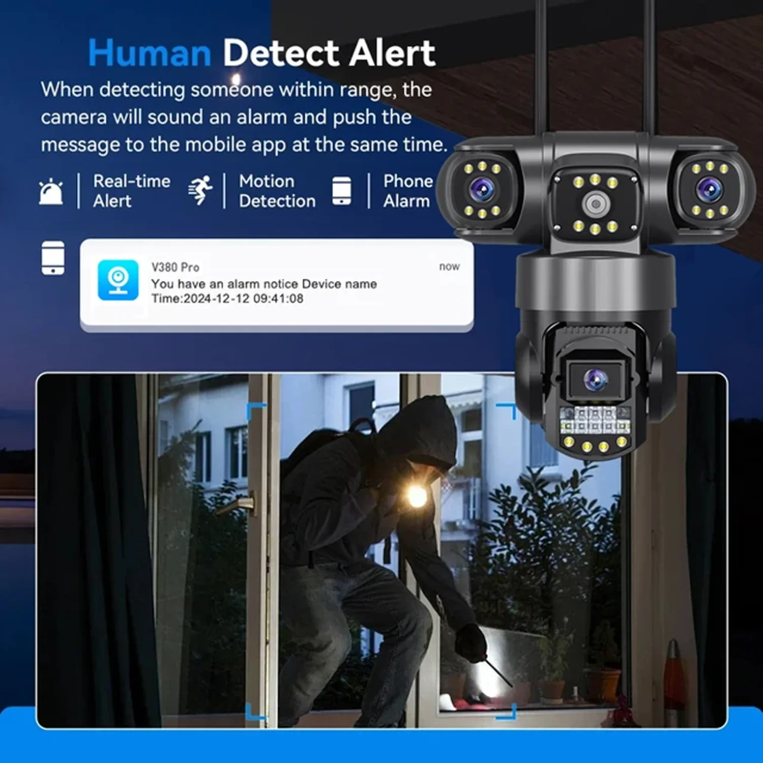 V380 WiFi Surveillance Camera-Outdoor IP Cameras 15MP Triple Lenses Security Video Monitor, Color Night Vision, Waterproof