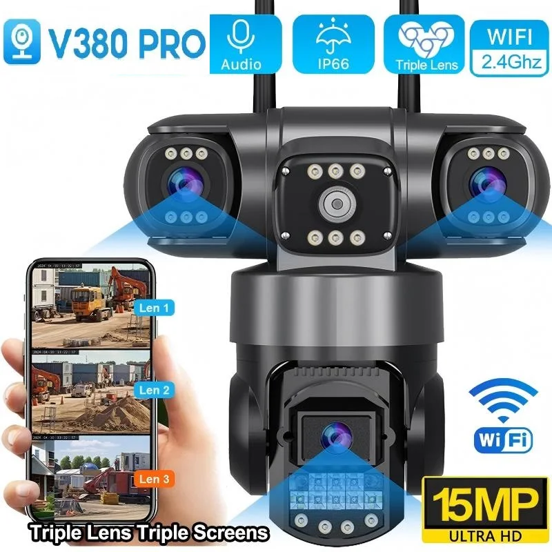 V380 WiFi Surveillance Camera-Outdoor IP Cameras 15MP Triple Lenses Security Video Monitor, Color Night Vision, Waterproof