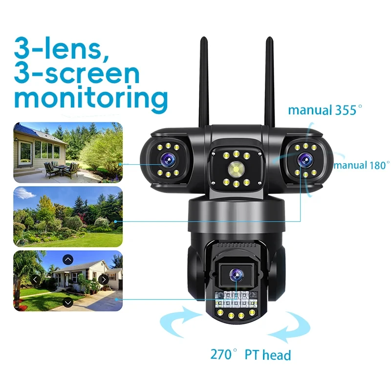 V380 WiFi Surveillance Camera-Outdoor IP Cameras 15MP Triple Lenses Security Video Monitor, Color Night Vision, Waterproof