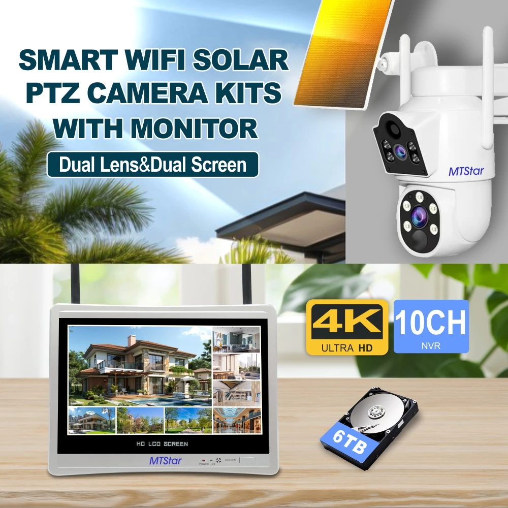 MTStar 2Pcs 4PCs Wireless Solar Panel Dual Lens PTZ WiFi Camera Surverillance Security System Kit NVR With Monitor ESeecloud