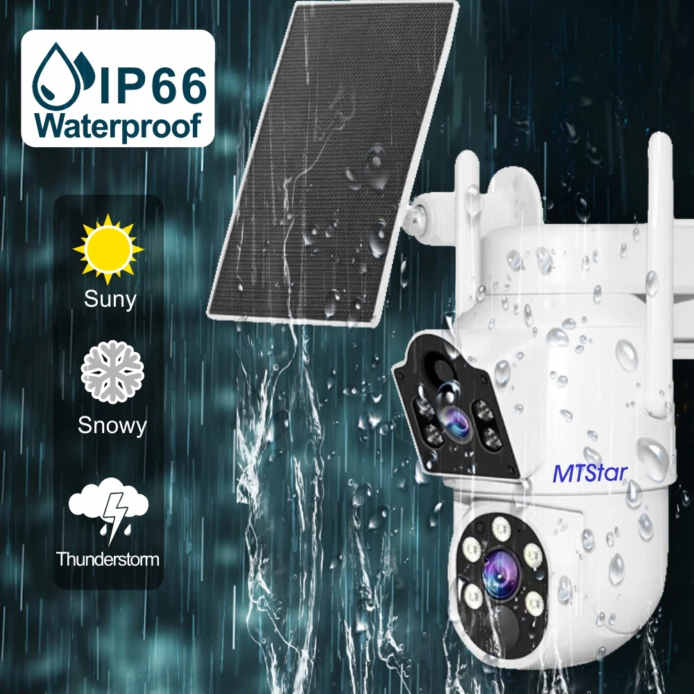 MTStar 2Pcs 4PCs Wireless Solar Panel Dual Lens PTZ WiFi Camera Surverillance Security System Kit NVR With Monitor ESeecloud