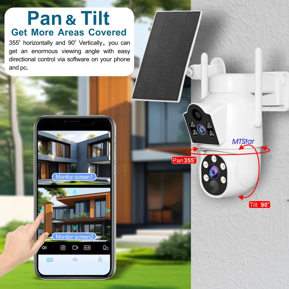 MTStar 2Pcs 4PCs Wireless Solar Panel Dual Lens PTZ WiFi Camera Surverillance Security System Kit NVR With Monitor ESeecloud
