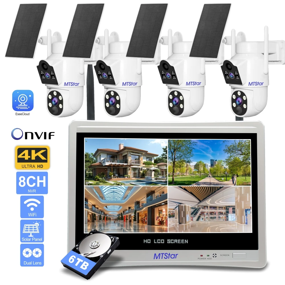 MTStar 2Pcs 4PCs Wireless Solar Panel Dual Lens PTZ WiFi Camera Surverillance Security System Kit NVR With Monitor ESeecloud