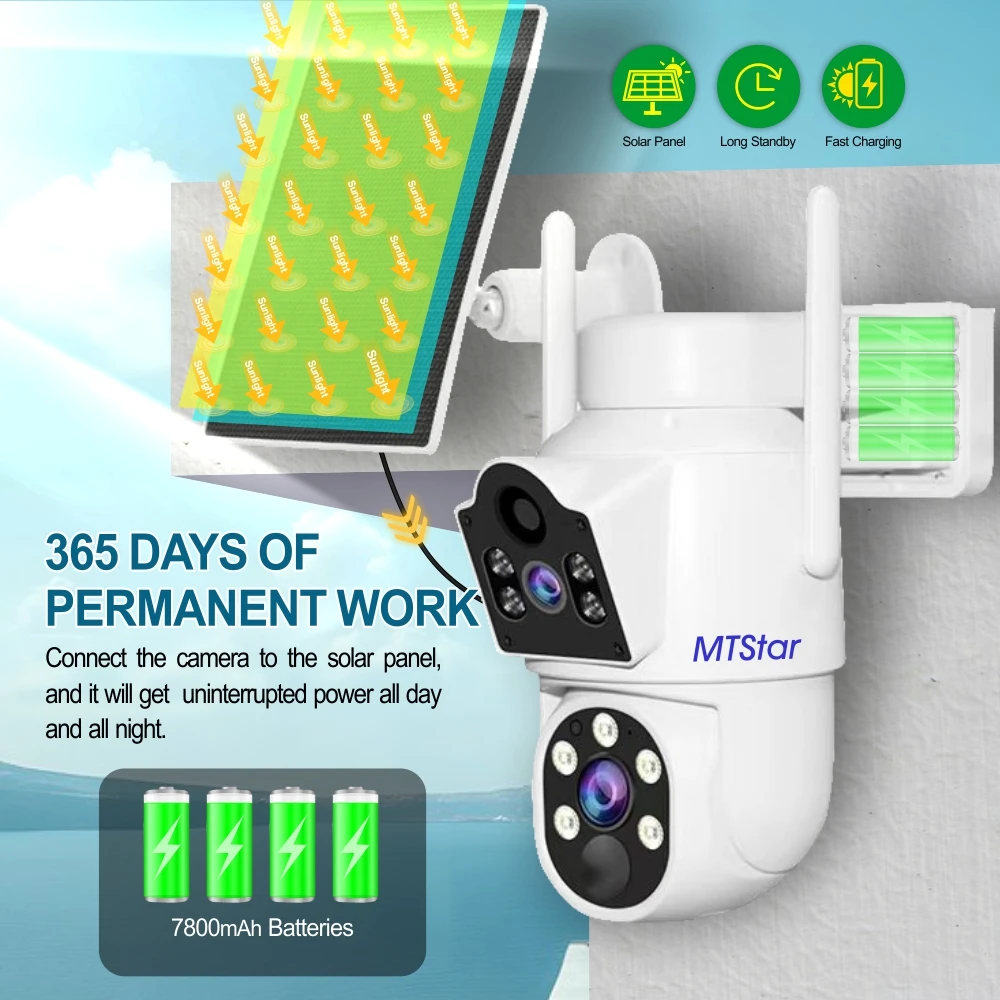 MTStar 2Pcs 4PCs Wireless Solar Panel Dual Lens PTZ WiFi Camera Surverillance Security System Kit NVR With Monitor ESeecloud