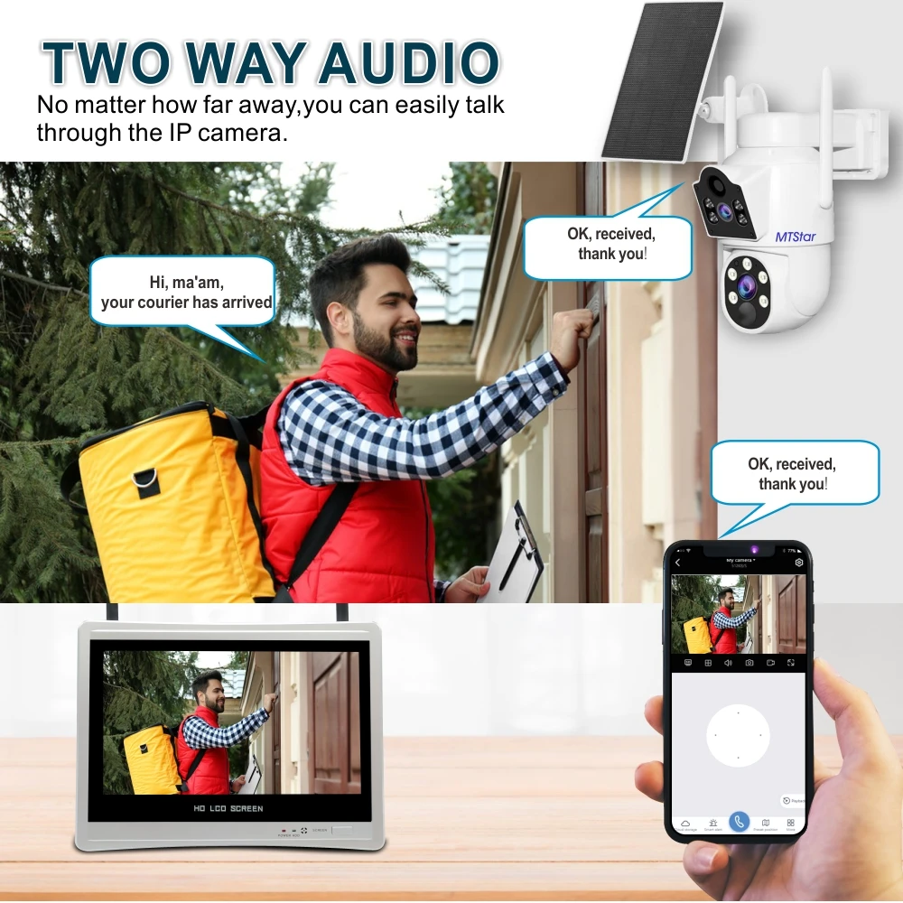 MTStar 2Pcs 4PCs Wireless Solar Panel Dual Lens PTZ WiFi Camera Surverillance Security System Kit NVR With Monitor ESeecloud