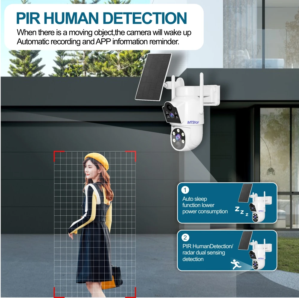 MTStar 2Pcs 4PCs Wireless Solar Panel Dual Lens PTZ WiFi Camera Surverillance Security System Kit NVR With Monitor ESeecloud