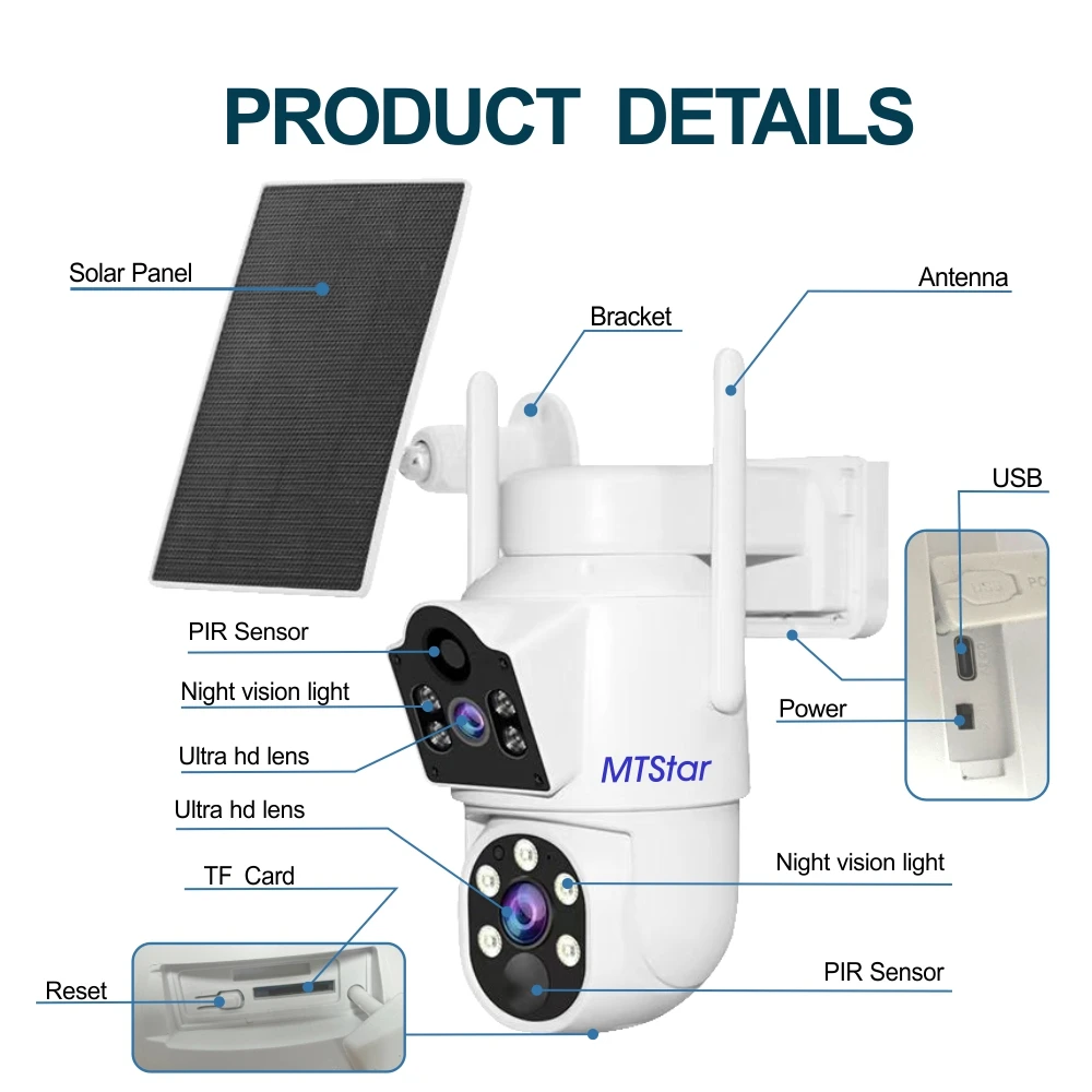 MTStar 2Pcs 4PCs Wireless Solar Panel Dual Lens PTZ WiFi Camera Surverillance Security System Kit NVR With Monitor ESeecloud