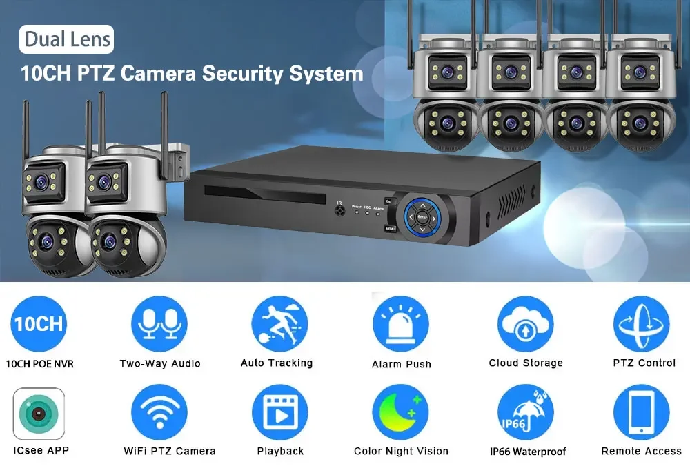 4K POE 10CH NVR Kit Dual Lens 8MP Security WIFI PTZ Camera Auto Track System CCTV Outdoor IP Home Video Surveillance Camera Set