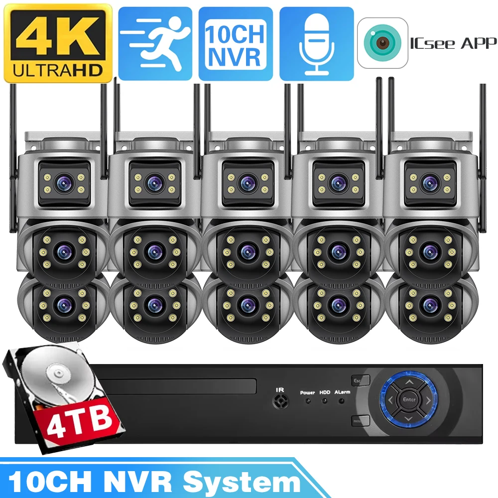 4K POE 10CH NVR Kit Dual Lens 8MP Security WIFI PTZ Camera Auto Track System CCTV Outdoor IP Home Video Surveillance Camera Set