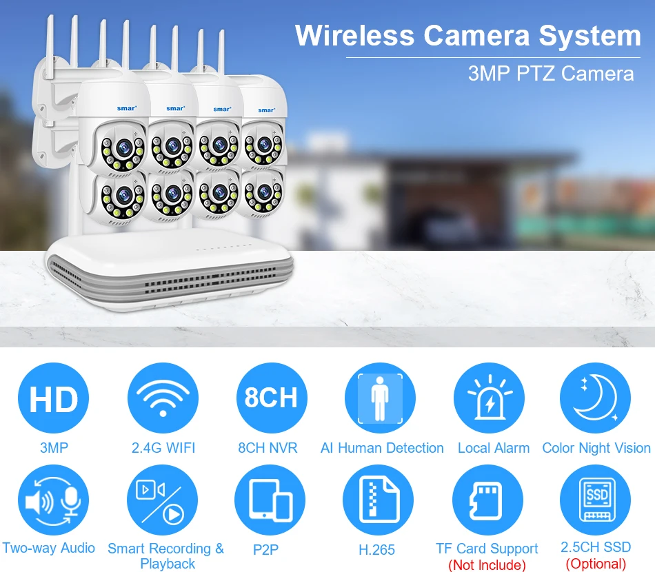 Smar 8CH NVR 5MP Wireless Camera Kit Ai Humman Detect Outdoor 3MP PTZ WiFi Night Vision CCTV Security Surveillance System ICsee