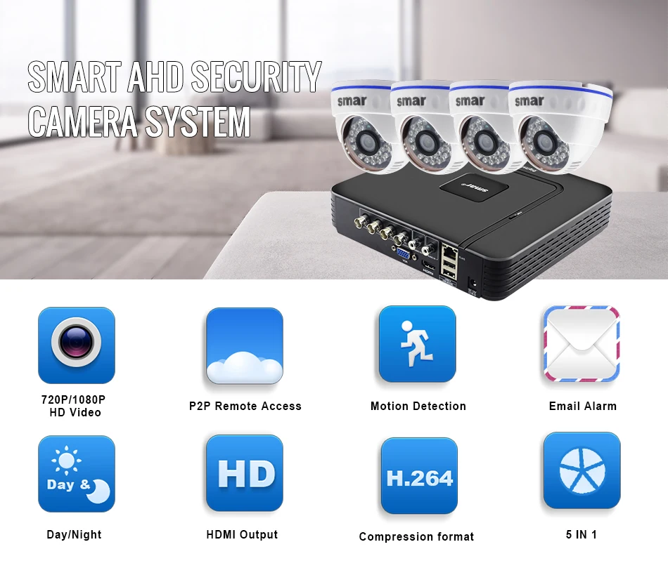 CCTV 4CH Hybrid DVR Video Surveillance System 720P 1080P AHD Camera Kit Day & Night AHD Dome Camera Kit VGA HDMI Output Plastic