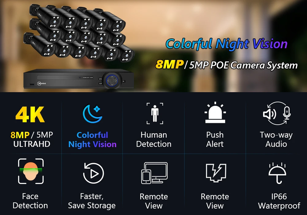 Movols 4K 16CH XMEYE POE Security Camerae System 5MP 8MP Two Way Audio CCTV Camera System AI P2P Video Surveillance Kit Movols 4K 16CH XMEYE POE Security Camerae System 5MP 8MP Two Way Audio CCTV Camera System AI P2P Video Surveillance Kit