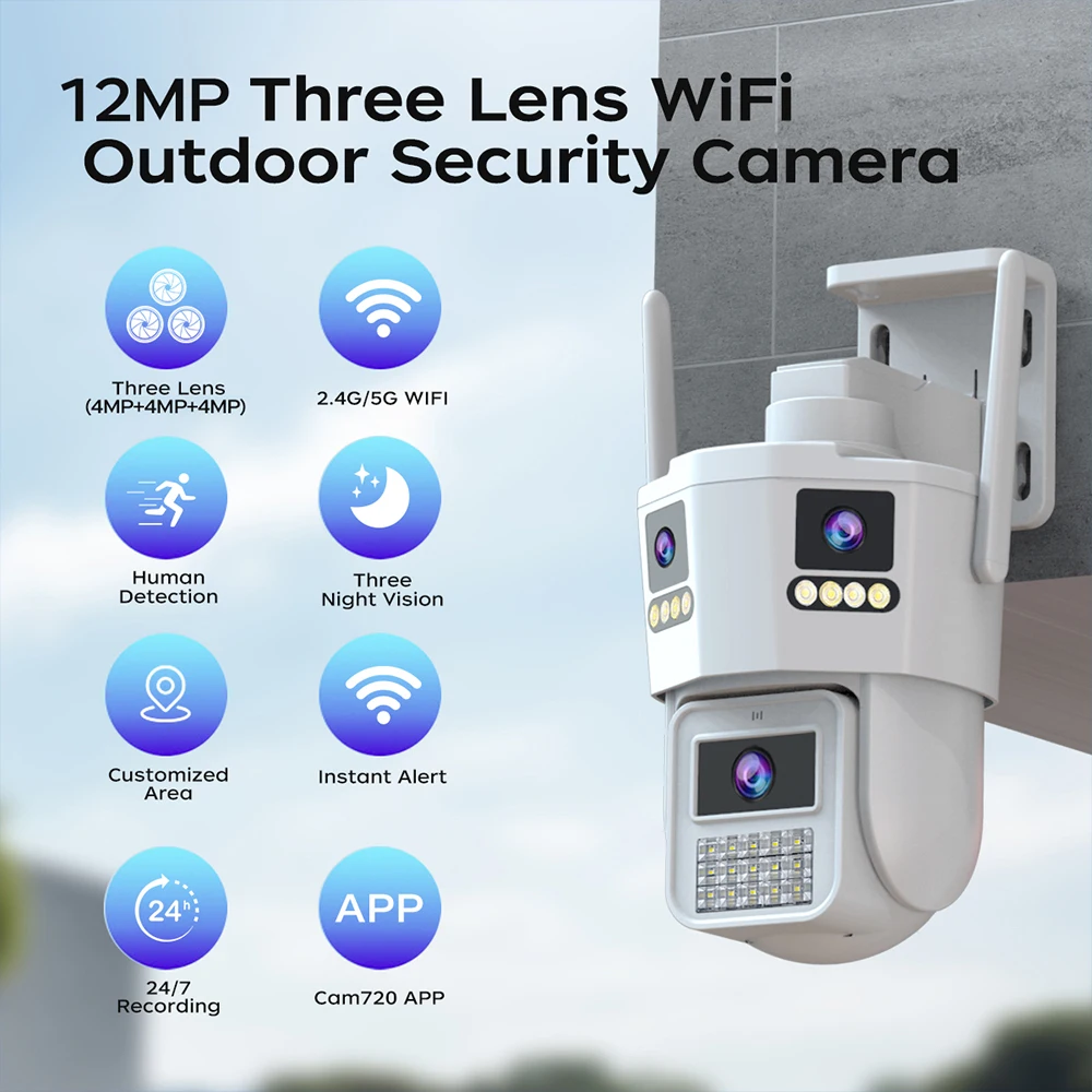 JOOAN 12MP Three Lens IP Camera PTZ Outdoor Three Screen night vision 5g WiFi Security Camera Auto Tracking Cctv camera