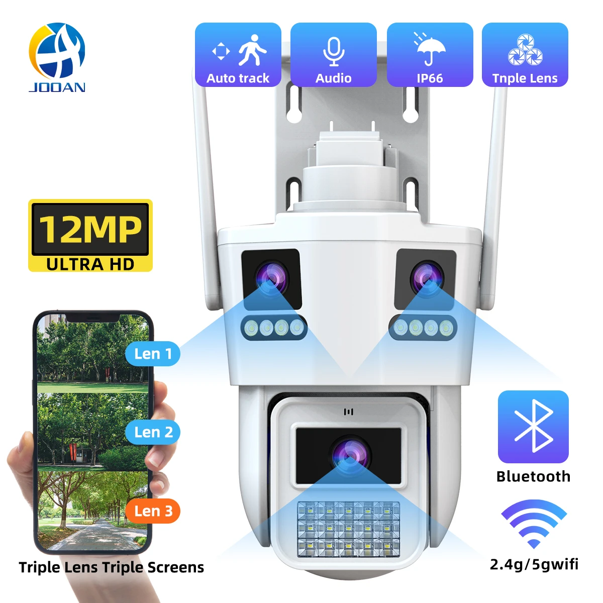 JOOAN 12MP Three Lens IP Camera PTZ Outdoor Three Screen night vision 5g WiFi Security Camera Auto Tracking Cctv camera