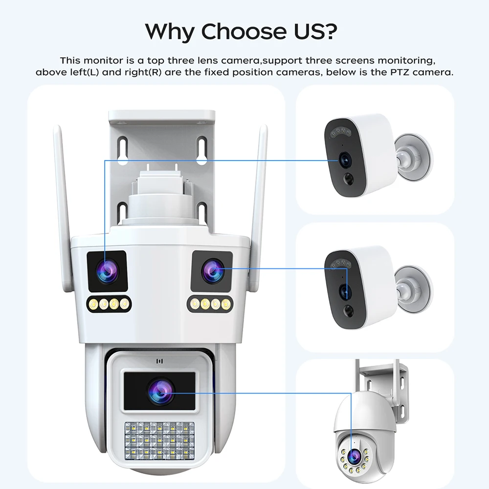 JOOAN 12MP Three Lens IP Camera PTZ Outdoor Three Screen night vision 5g WiFi Security Camera Auto Tracking Cctv camera