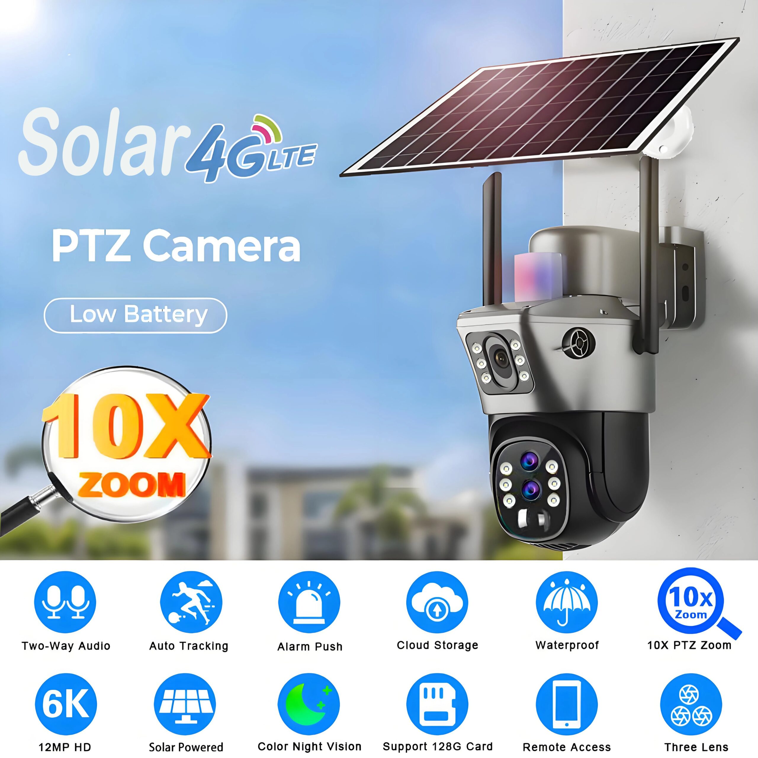 6K 4G Sim Solar Camera 10x Zoom IP CCTV 12MP Dual lens PTZ Surveillance PIR Human Detection Outdoor Security Protection Camera