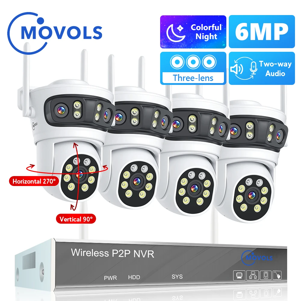 Movols 6MP Three Lens PTZ H.265 Wireless CCTV System Two Way Audio Waterproof IP Security Camera 10CH NVR Surveillance System