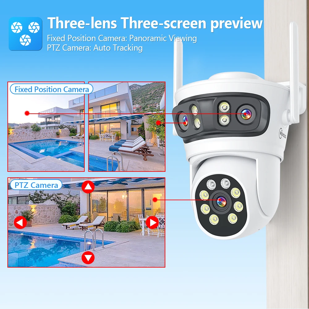 Movols 6MP Three Lens PTZ H.265 Wireless CCTV System Two Way Audio Waterproof IP Security Camera 10CH NVR Surveillance System