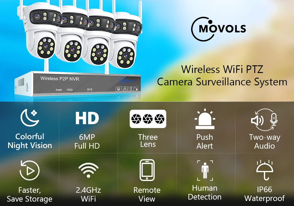 Movols 6MP Three Lens PTZ H.265 Wireless CCTV System Two Way Audio Waterproof IP Security Camera 10CH NVR Surveillance System