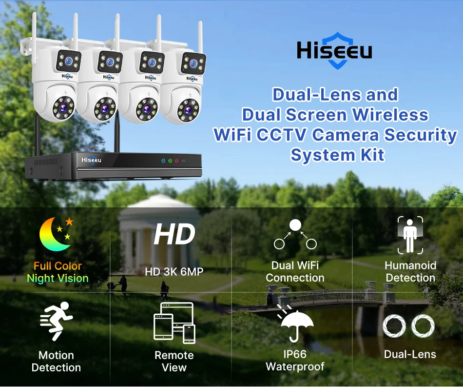 Hiseeu 6MP WiFi Dual Lens Camera Security System Kit 3K IP Cameras Security System 16CH NVR Wireless CCTV Surveillance System