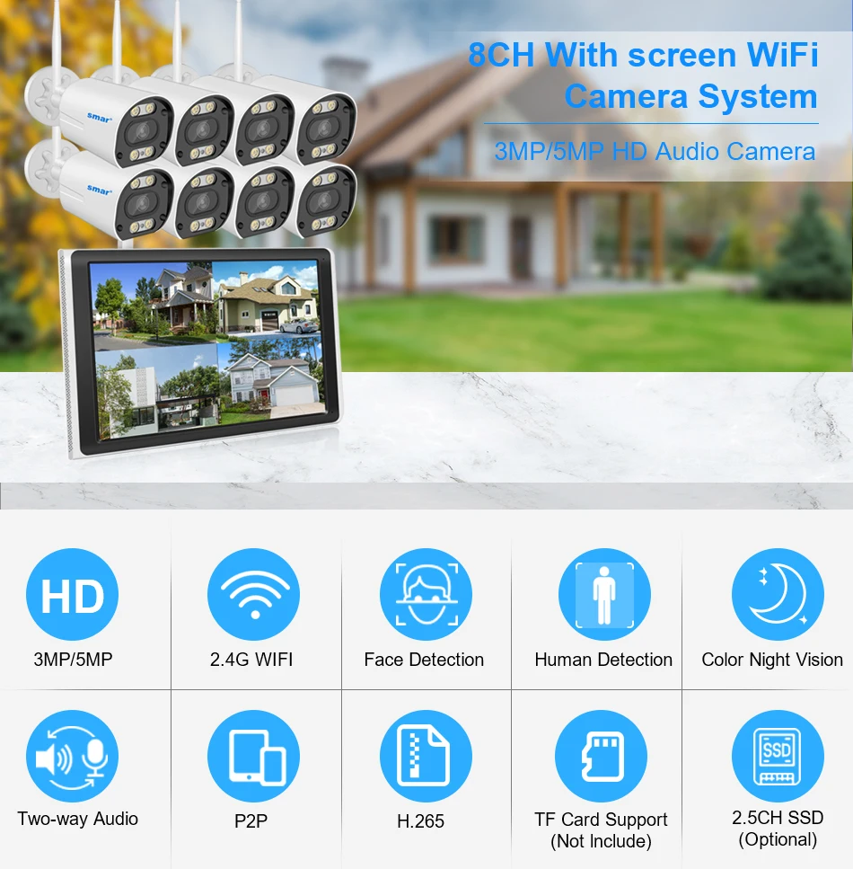 Smar 5MP/3MP Wifi Camera Kit Ai Face Detect Full Color Vision IP Camera Set 8CH NVR 10.1 LCD Wireless CCTV Surveillance System