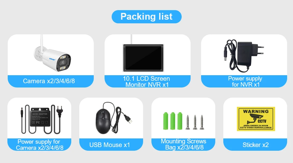 Smar 5MP/3MP Wifi Camera Kit Ai Face Detect Full Color Vision IP Camera Set 8CH NVR 10.1 LCD Wireless CCTV Surveillance System