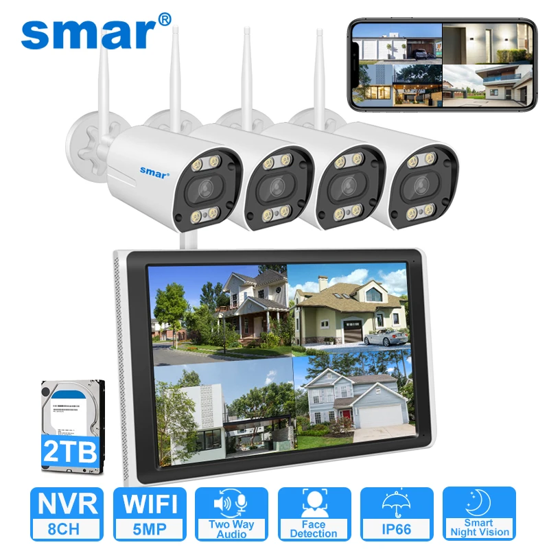 Smar 5MP/3MP Wifi Camera Kit Ai Face Detect Full Color Vision IP Camera Set 8CH NVR 10.1 LCD Wireless CCTV Surveillance System