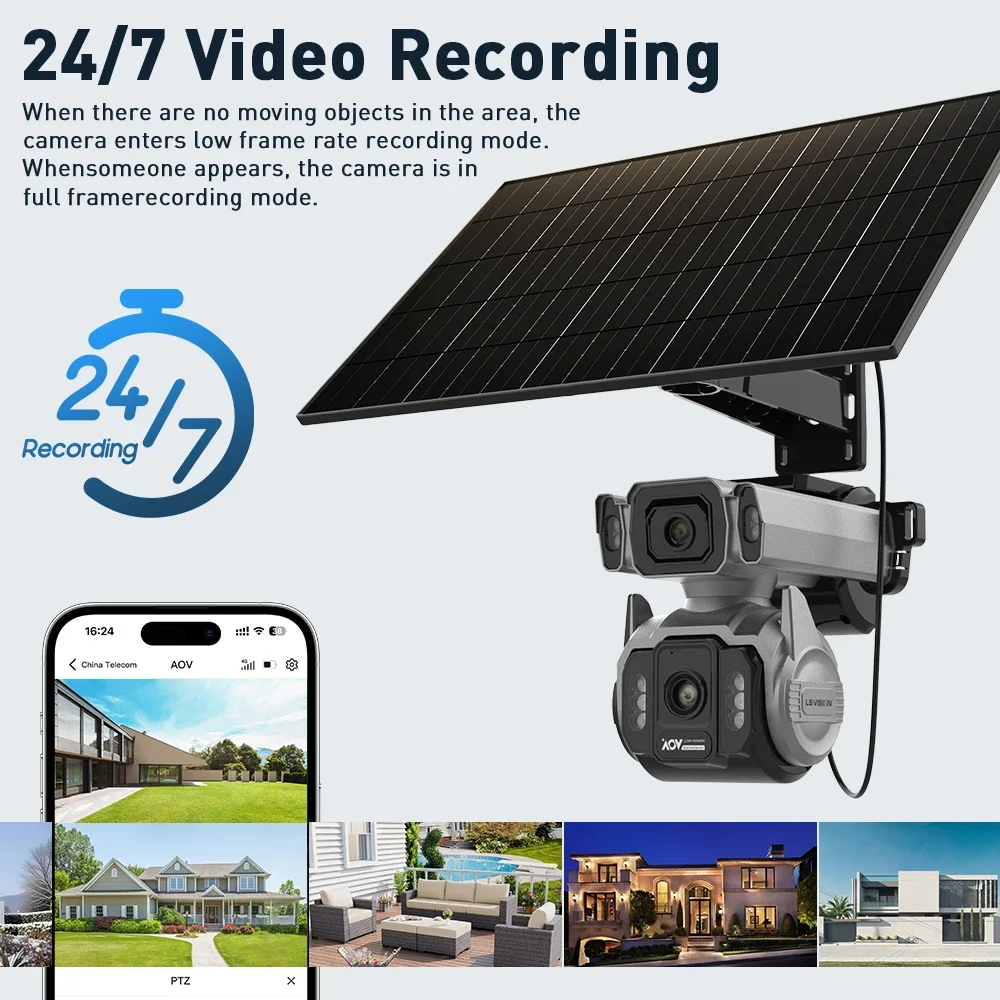 LS VISION 24/7 Video Recording 12X Optical Zoom Solar Outdoor Surveillance Camera 4G SIM Dual Screen Aov Ai Humanoid Tracking