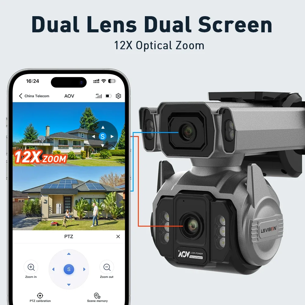 LS VISION 24/7 Video Recording 12X Optical Zoom Solar Outdoor Surveillance Camera 4G SIM Dual Screen Aov Ai Humanoid Tracking