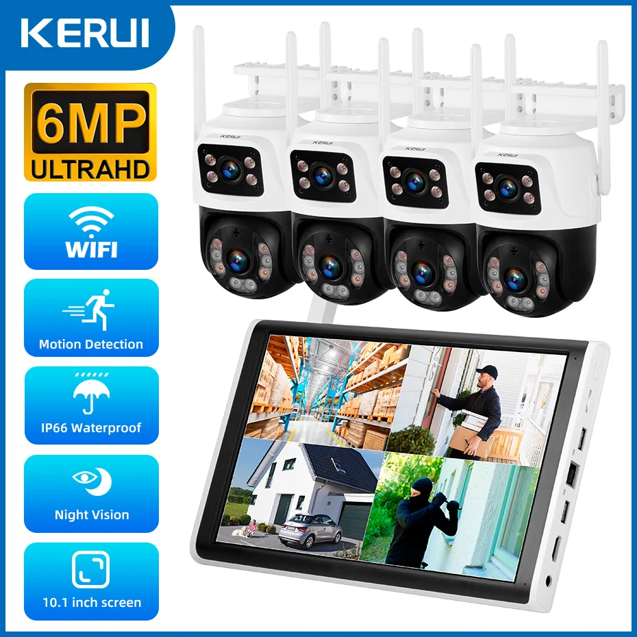 KERUI 6MP HD H.265 PTZ WIFI IP Camera 8CH Wireless 10.1-inch LCD Monitor NVR Kit Home Security Camera System Video Surveillance