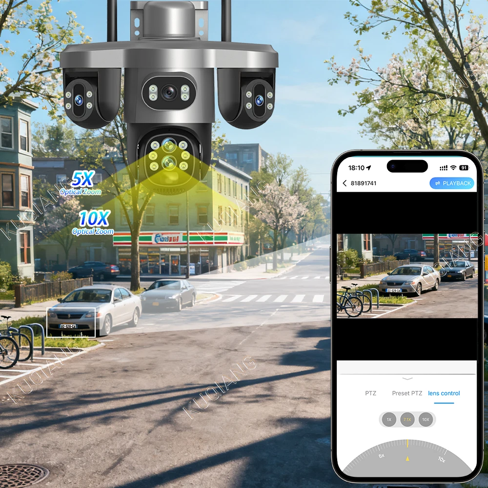 20MP 4G Sim Solar Camera WiFi 10X Optical Zoom 3-PTZ 4-Lens 3-Screens Outdoor Wireless Security Cameras Auto Tracking CCTV V380