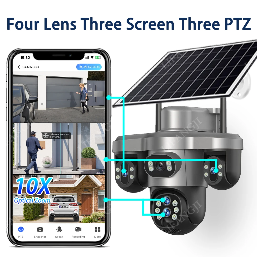 20MP 4G Sim Solar Camera WiFi 10X Optical Zoom 3-PTZ 4-Lens 3-Screens Outdoor Wireless Security Cameras Auto Tracking CCTV V380