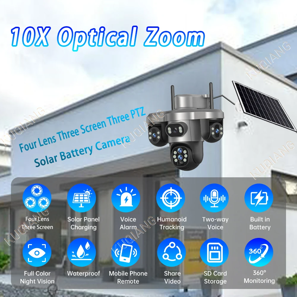 20MP 4G Sim Solar Camera WiFi 10X Optical Zoom 3-PTZ 4-Lens 3-Screens Outdoor Wireless Security Cameras Auto Tracking CCTV V380