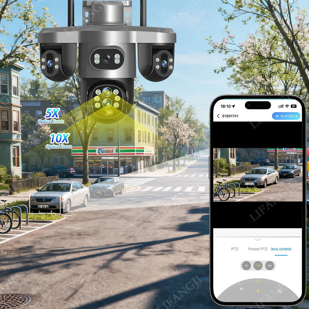 20MP 4G Sim Solar Camera WiFi 10X Optical Zoom 3-PTZ 4-Lens 3-Screens Outdoor Wireless Security Cameras Auto Tracking CCTV V380