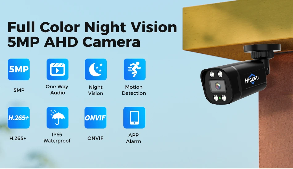 Hiseeu 5MP AHD Camera H.265 Full Color Outdoor Night Vision Video Motion Detection CCTV Security Surveillance Analog Cameras